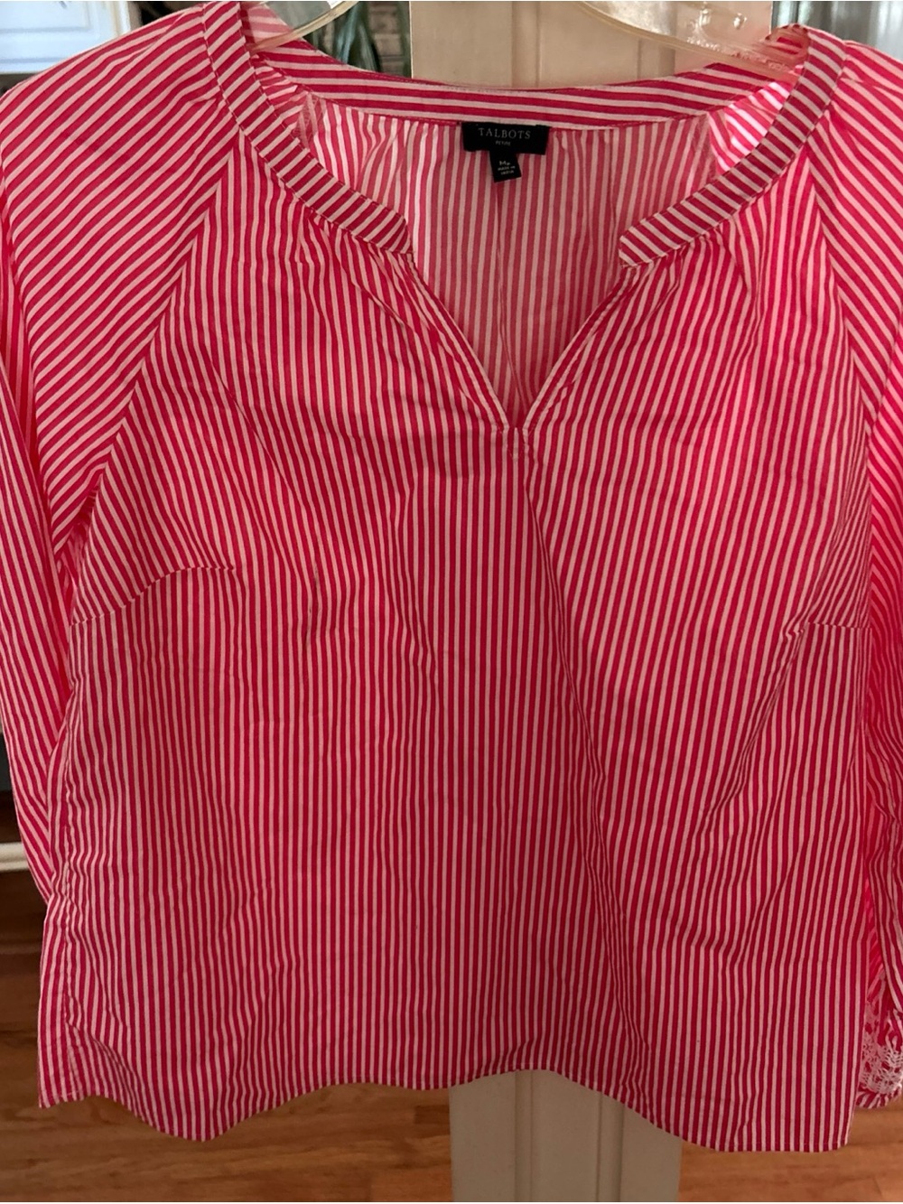 Talbots Hot Pink and White Vertical Stripe Split-Neck Blouse